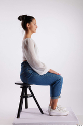 Whole Body Woman White Casual Slim Sitting Studio photo references